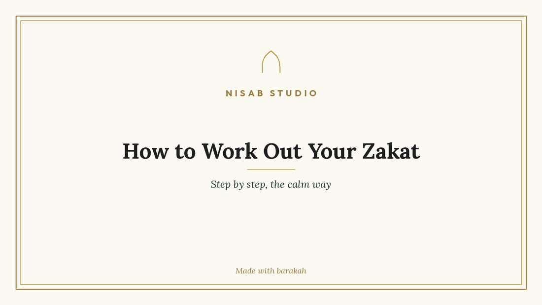 Nisab Studio header that reads How to Work Out Your Zakat, in cream and gold