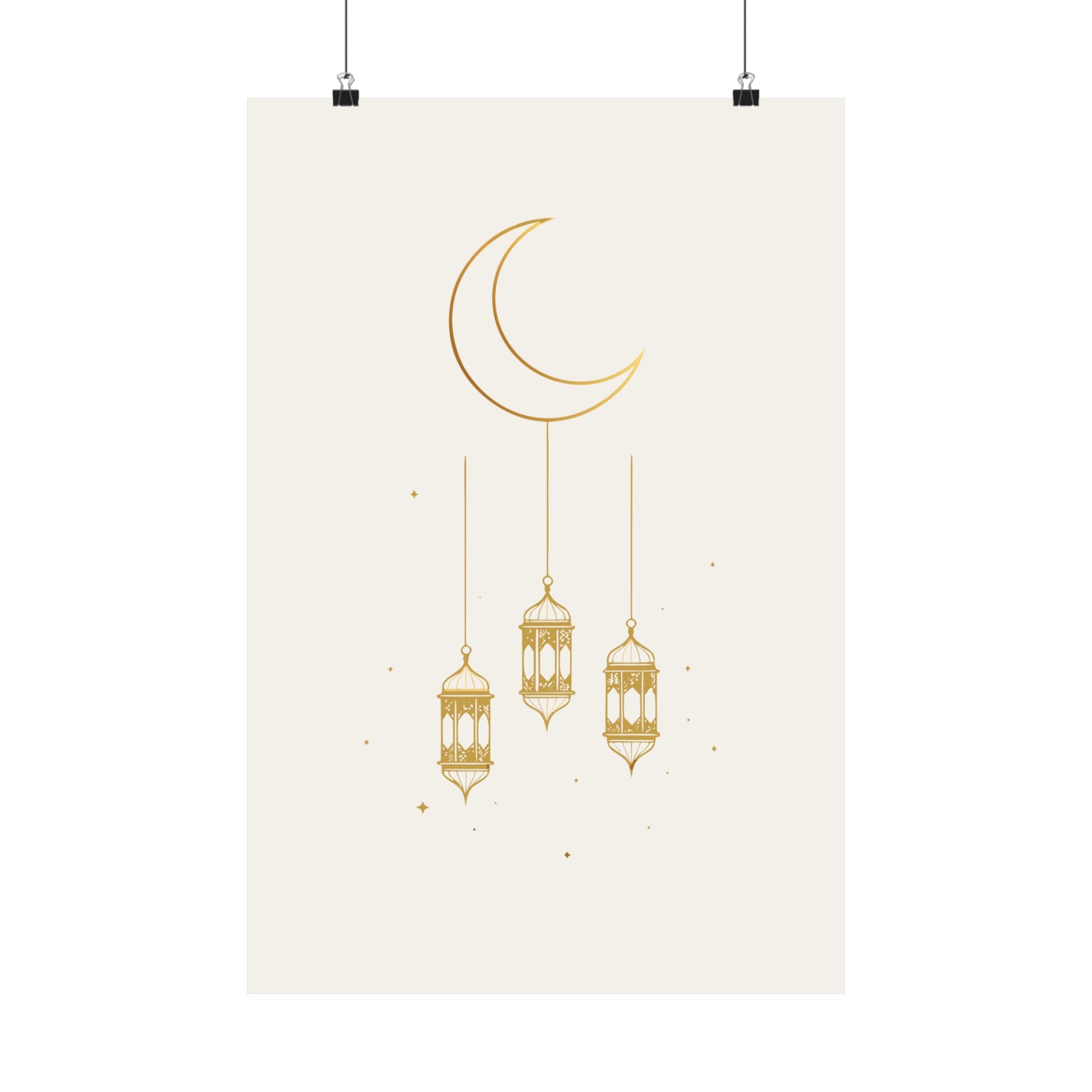 Islamic Wall Art, Crescent Moon Lantern Print, Gold Muslim Home Decor, Ramadan Decor Poster, Eid Gift, Unframed Matte Print