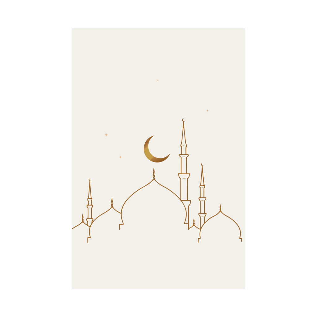 Islamic Wall Art, Mosque Skyline Print, Gold Muslim Home Decor, Minimalist Arabic Poster, Eid Ramadan Gift, Unframed Matte Print