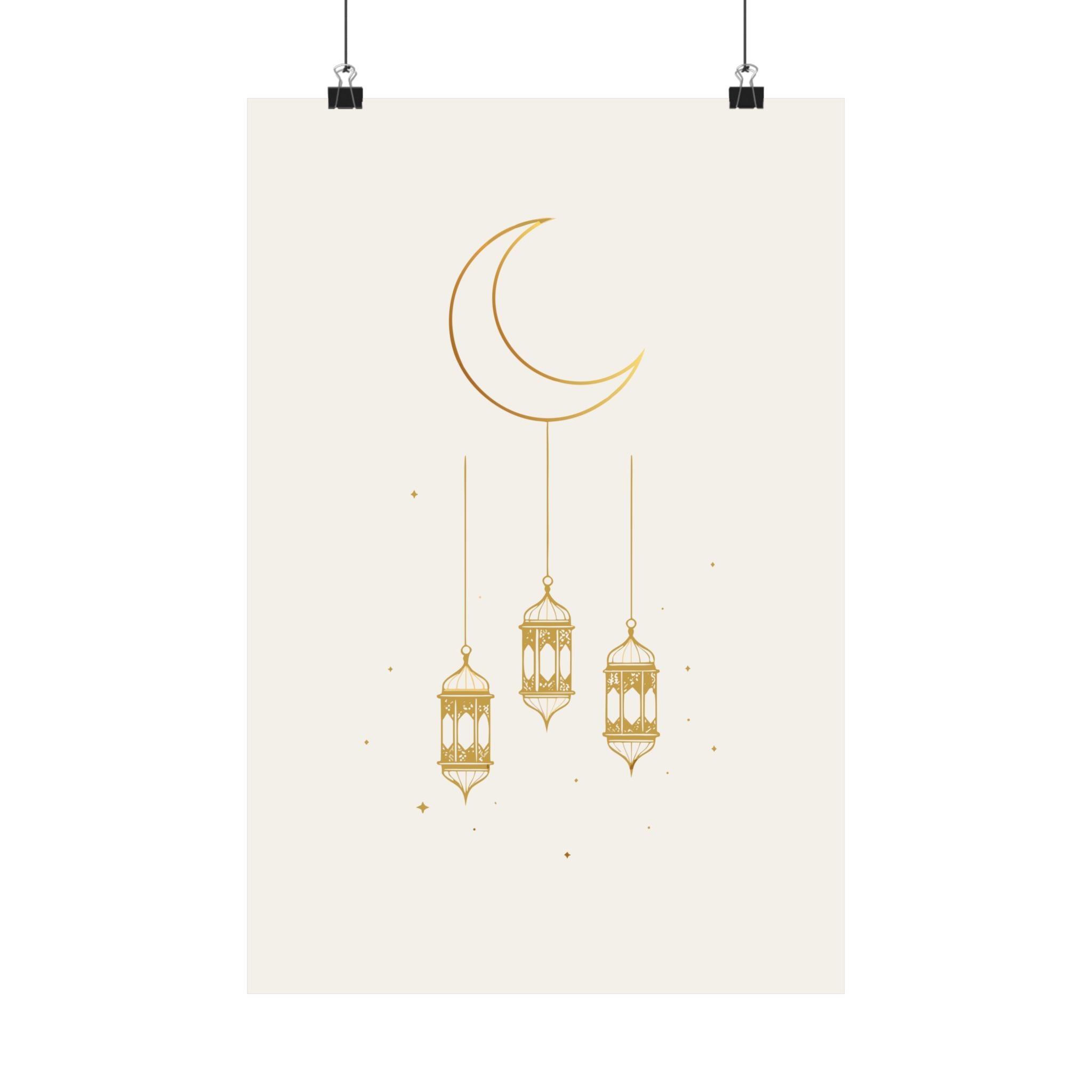 Islamic Wall Art, Crescent Moon Lantern Print, Gold Muslim Home Decor, Ramadan Decor Poster, Eid Gift, Unframed Matte Print