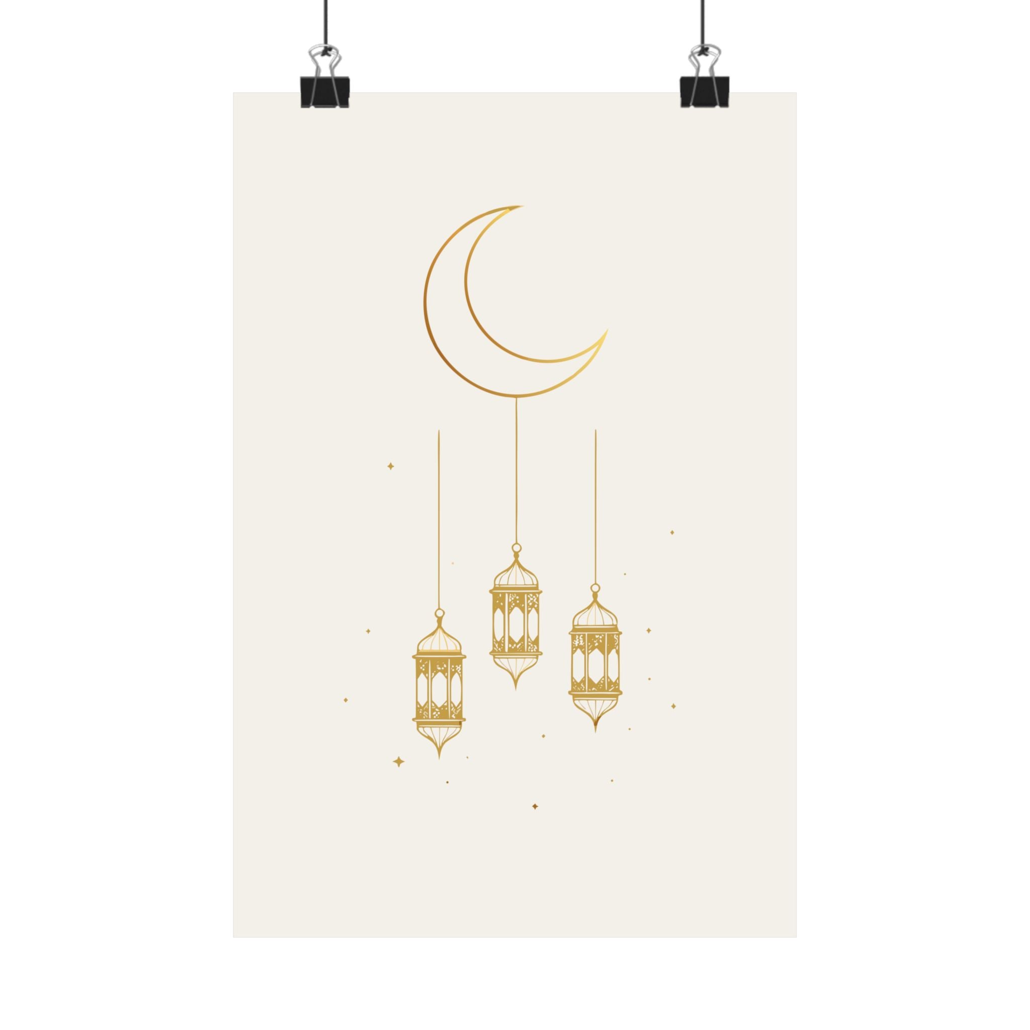 Islamic Wall Art, Crescent Moon Lantern Print, Gold Muslim Home Decor, Ramadan Decor Poster, Eid Gift, Unframed Matte Print