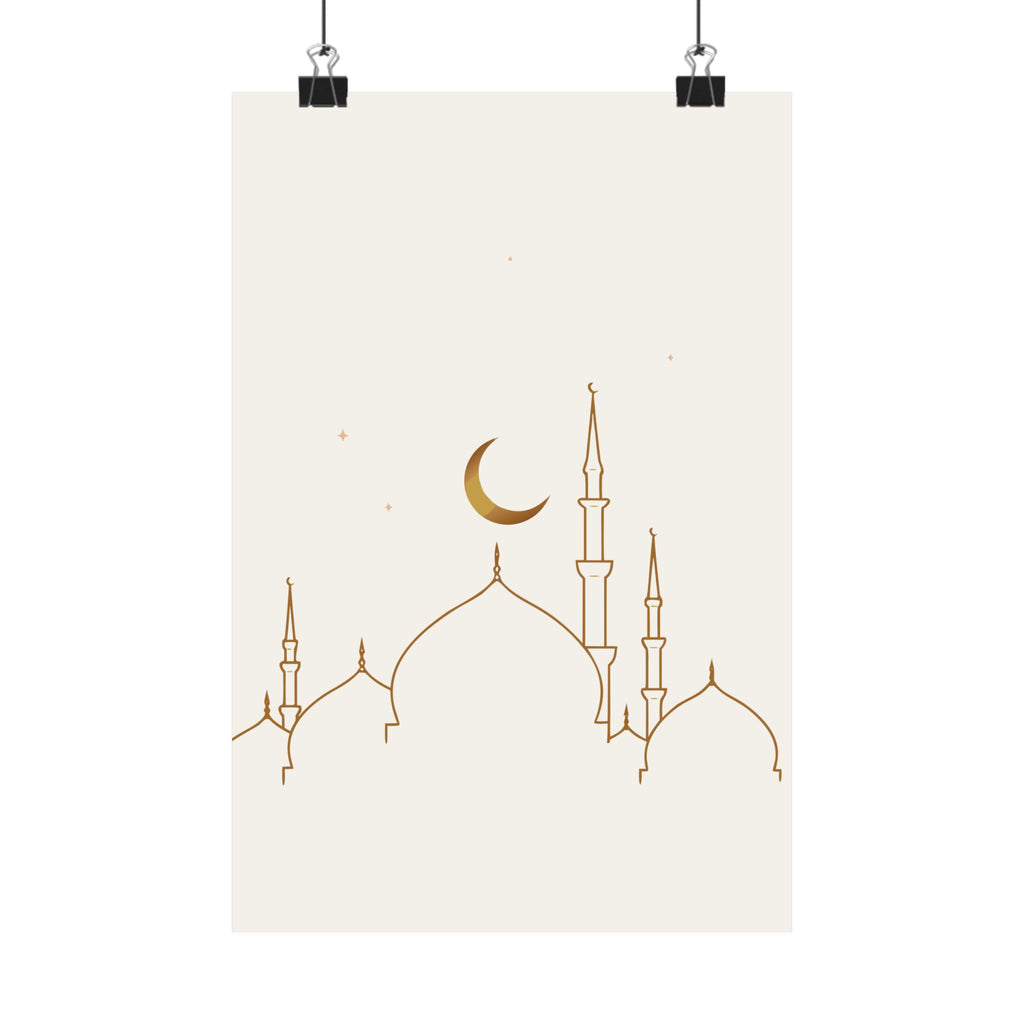 Islamic Wall Art, Mosque Skyline Print, Gold Muslim Home Decor, Minimalist Arabic Poster, Eid Ramadan Gift, Unframed Matte Print