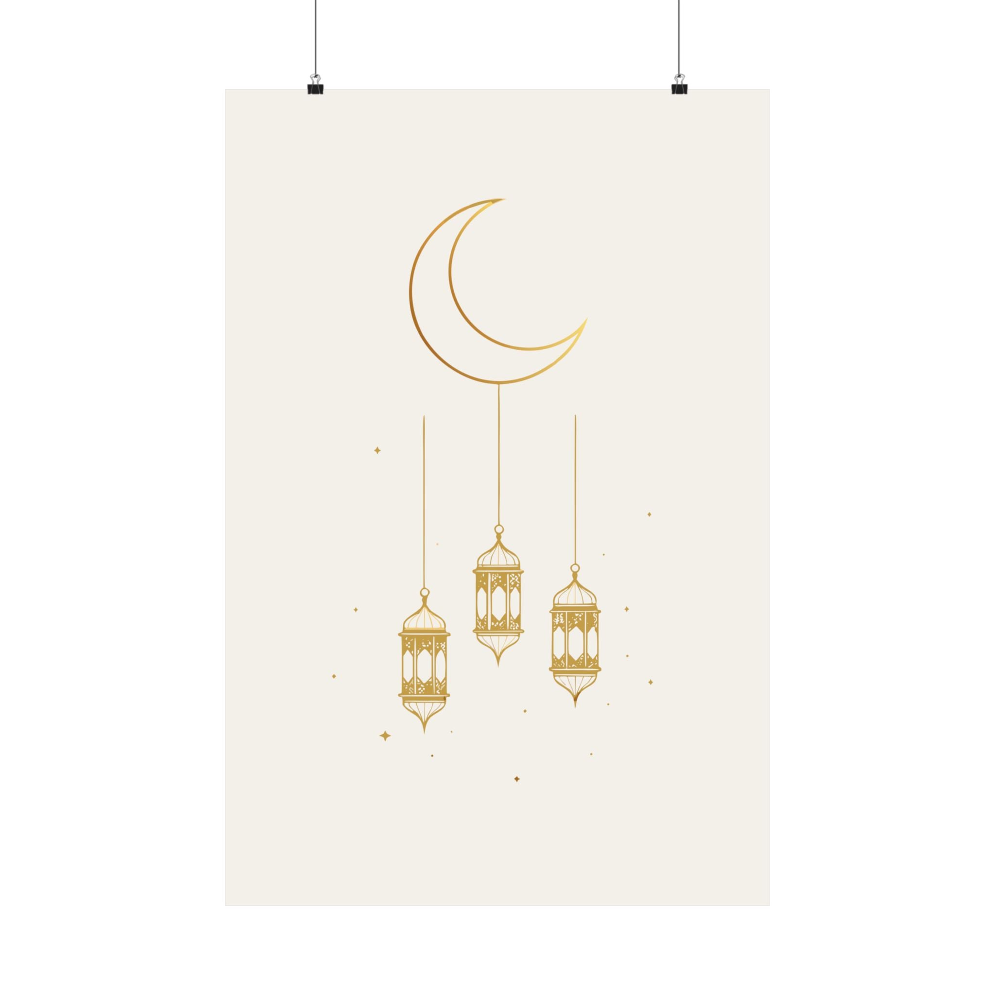 Islamic Wall Art, Crescent Moon Lantern Print, Gold Muslim Home Decor, Ramadan Decor Poster, Eid Gift, Unframed Matte Print